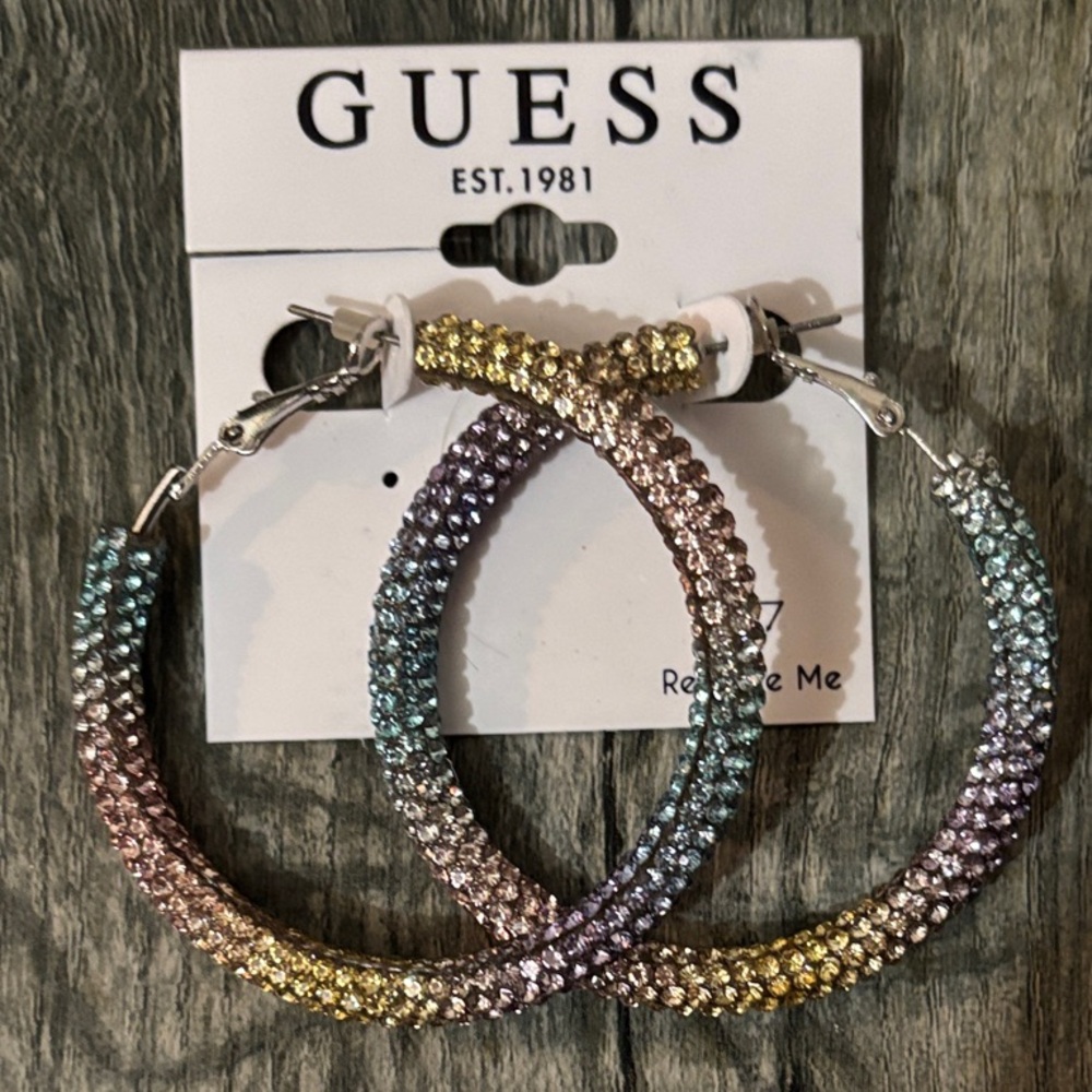 GUESS Rainbow Crystal Hoop Earrings NWT, never worn
